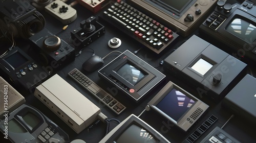 Overhead view of vintage electronic equipment and devices, an array of retro technology. captured in high-resolution. ideal for tech themes. AI