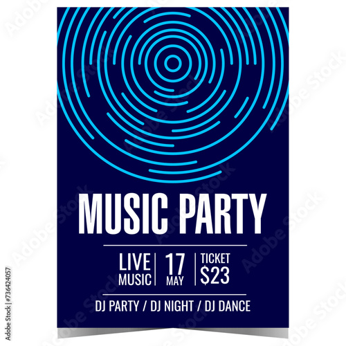 Music party design template with psychedelic circles on the background. Vector illustration of invitation banner or poster for music concert or festival, entertainment event at disco dance night club.