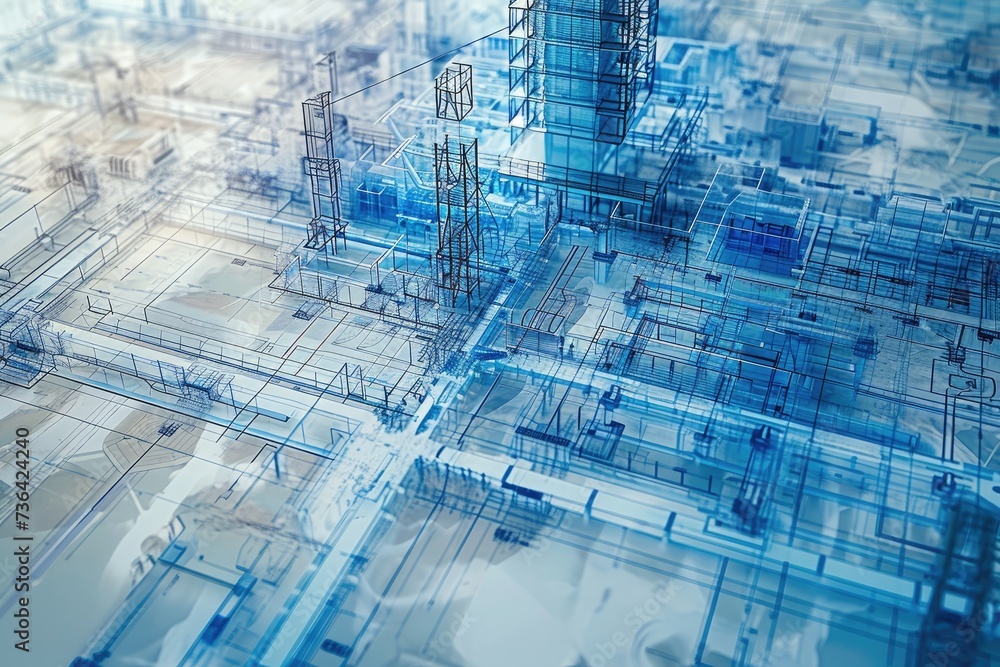 Obraz premium This photograph provides an aerial perspective of a city featuring predominantly blue and white buildings, Blueprints of future building superimposed on the engineering site, AI Generated