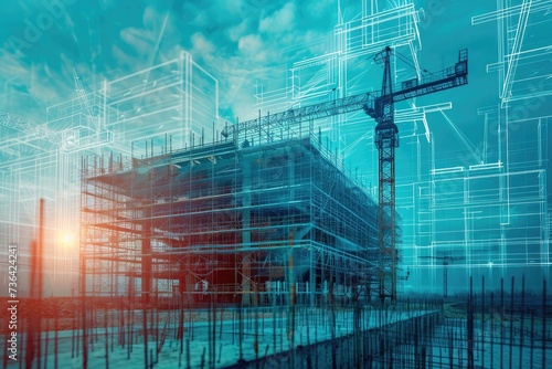 A building in the process of being constructed, with a large crane visible in the background, Blueprints of future building superimposed on the engineering site, AI Generated