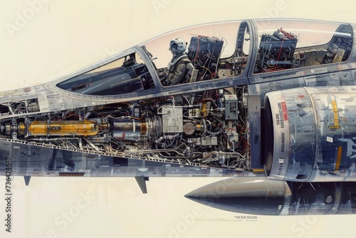 Detailed Drawing of a Jet Engine Installed in an Airplane, Breakaway view of a fighter plane showing internal components, AI Generated photo