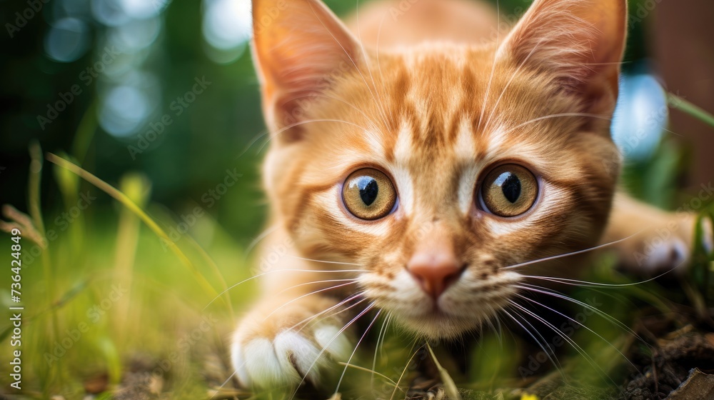 Close-up of an adorable ginger kitten with large eyes, playing 