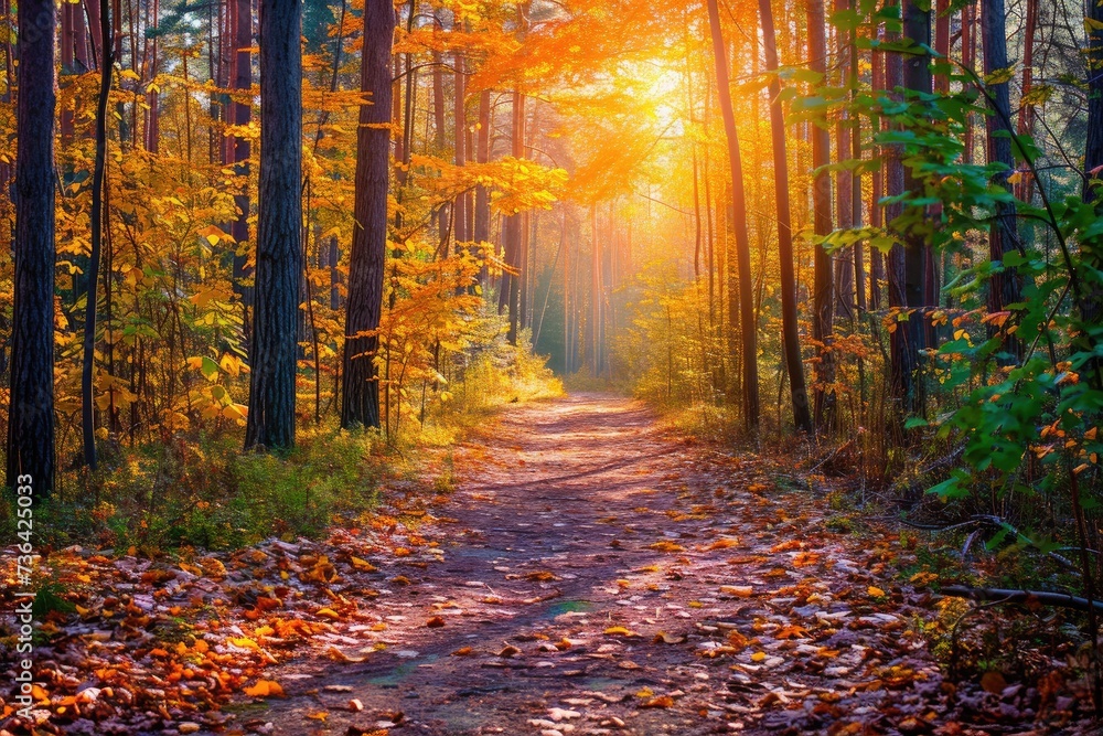 A dirt road cuts through the middle of a densely forested area, shaded by towering trees, Bright, colorful autumn forest with a wandering path, AI Generated