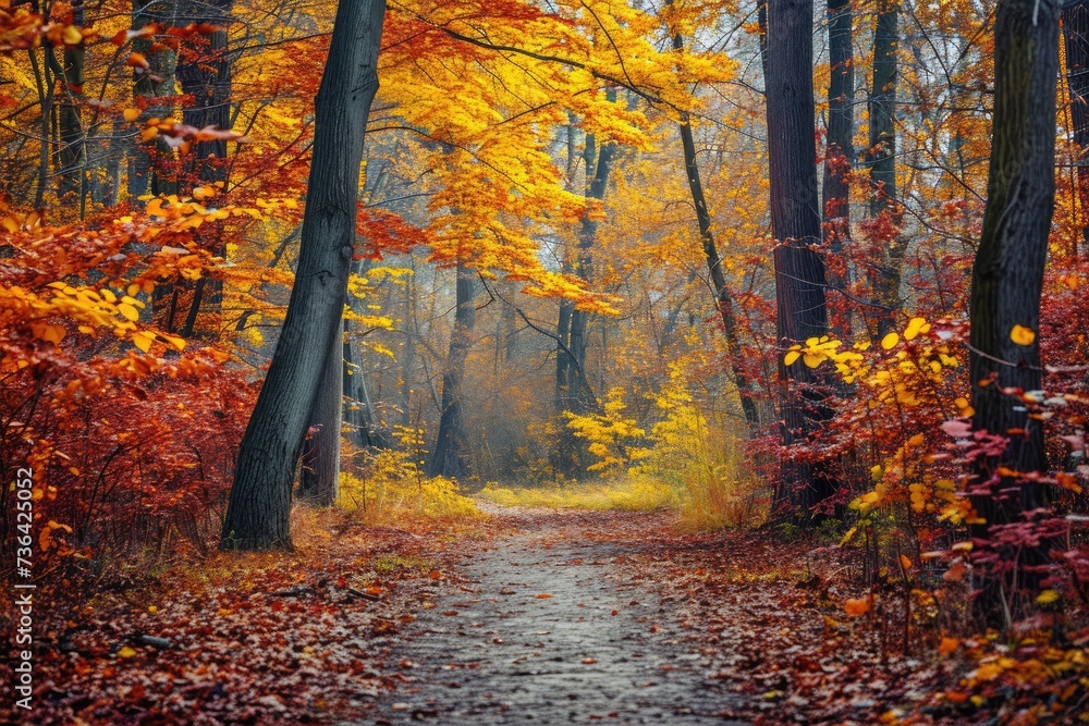 Fototapeta premium A winding path cuts through a dense forest filled with tall trees, creating a captivating scene, Bright, colorful autumn forest with a wandering path, AI Generated
