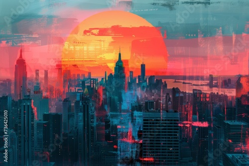a cityscape with buildings and sunset in the background Generative AI photo