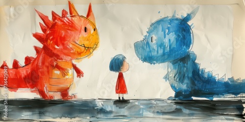 a child befriends two monsters. children's draw on drawing book using crayon	 photo