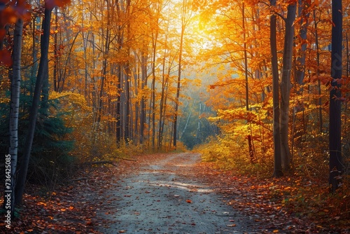 A dirt road winds its way through the dense trees of a forest, creating a captivating scene of nature, Bright, colorful autumn forest with a wandering path, AI Generated