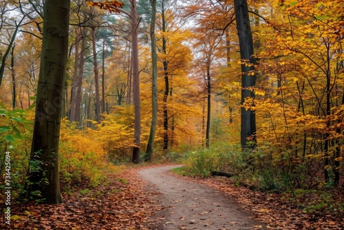 A dirt road cuts through the dense forest, providing a pathway for exploration and adventure, Bright, colorful autumn forest with a wandering path, AI Generated © Iftikhar alam