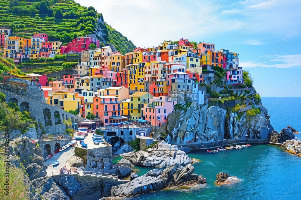 This painting depicts a village situated atop a cliff with a panoramic view of the ocean, Brightly colored buildings of a cliffside mediterranean village, AI Generated