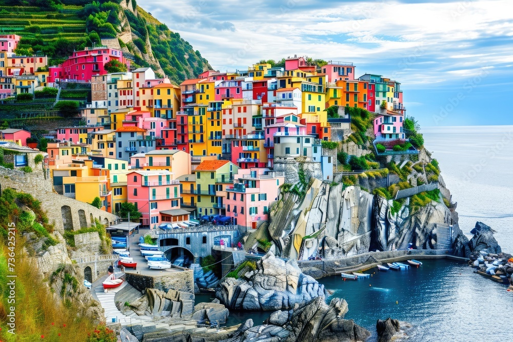 Colorful Village on the Edge of a Water Body, Brightly colored buildings of a cliffside mediterranean village, AI Generated