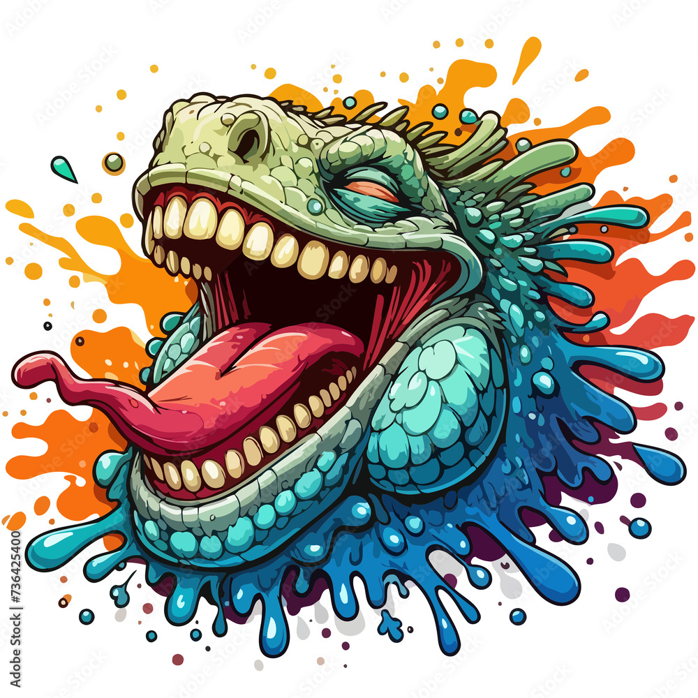 green dragon head on red background, Laughing iguana with gradient paint splashes green dragon head on red background, Laughing iguana with gradient paint splashes
