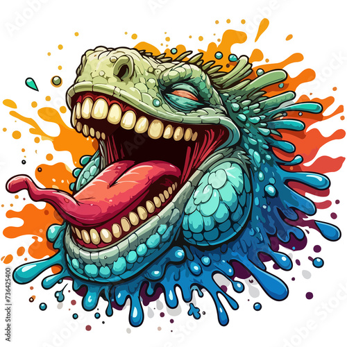 green dragon head on red background, Laughing iguana with gradient paint splashes © Elbet
