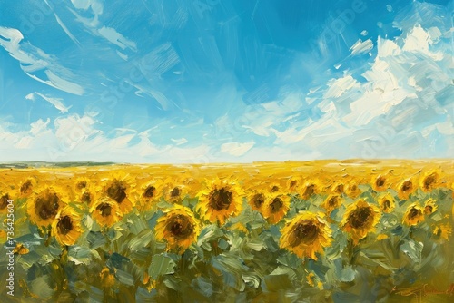 A vibrant painting showcasing a field of sunflowers basking under a clear blue sky, Brush strokes reminiscent of a field of sunflowers under a clear sky, AI Generated