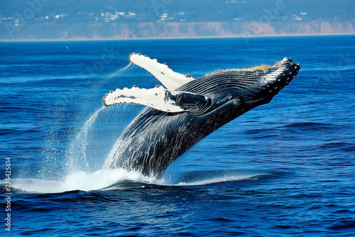 Humpback whale in the blue waters of the Atlantic Ocean. 