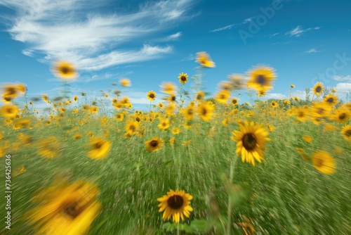 A multitude of yellow sunflowers fills a vast field  blossoming under a bright blue sky  Brush strokes reminiscent of a field of sunflowers under a clear sky  AI Generated