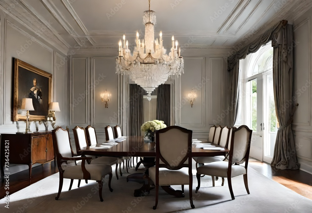  An elegant formal dining room with a grand chandelier, upholstered chairs, and a polished wooden table. 