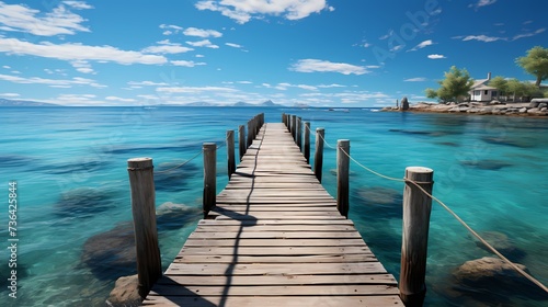 A tranquil cobalt blue ocean, with a wooden pier stretching out into the water, creating a picturesque scene © Usama