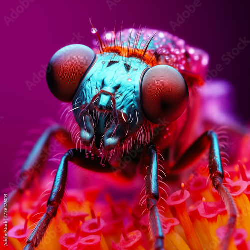 Macro shot of a fly on an orange flower with purple background  © Adrian