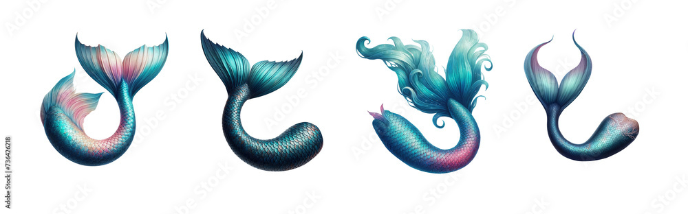 Mythical Mermaid Tails Collection: Enchanting Fins, Scales, Flukes, Water Wings, and Siren Tails with a Transparent PNG Background. Pen tool premium cutout.  - obrazy, fototapety, plakaty 