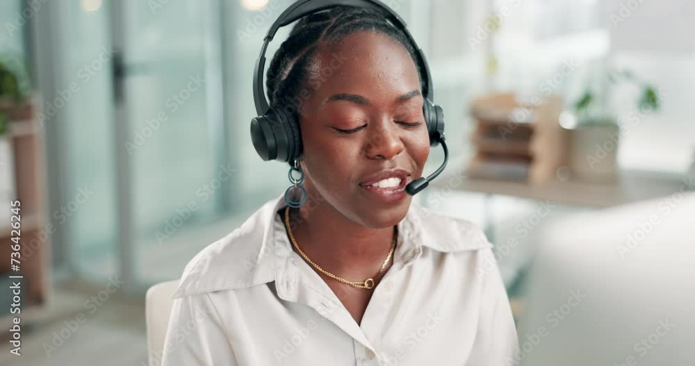 Business, customer service and call center with black woman, communication and advice in workplace. African person, employee or insurance agent with help or tech support with consultant or connection
