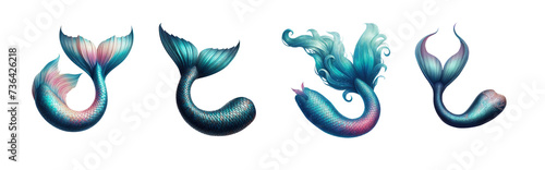 Mythical Mermaid Tails Collection: Enchanting Fins, Scales, Flukes, Water Wings, and Siren Tails with a Transparent PNG Background. Pen tool premium cutout.  photo