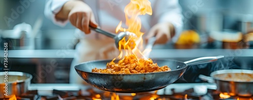 Experienced chef expertly flambing a delectable dish in a bustling restaurant kitchen. Concept Breathtaking Flambe, Culinary Mastery, Restaurant Kitchen, Expert Chef, Delectable Dish