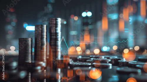 Stacked coins in various denominations with a digital stock market display in the background, all set against a bokeh of city lights, illustrating concepts of finance and investment.