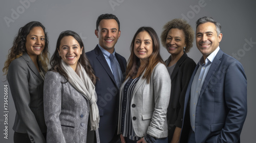 diverse group of business professionals smiling and posing for a group photo, likely representing a collaborative and inclusive corporate team.