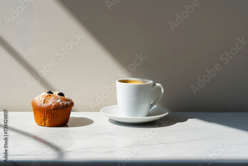 design for cafe ad, coffee and muffin, french cookie. delight. minimalistic. fresh coffee in the morning. breakfast. copy space. pastry
