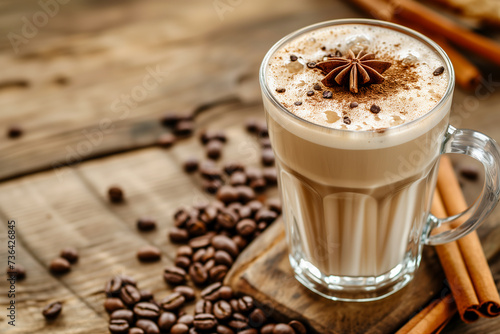 Coffee latte with cinnamon and anise on a wooden background 