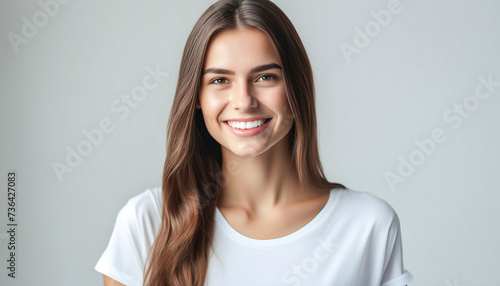Close up portrait of beautiful smiling girl. Happy female model, modern hairstyle and white teeth