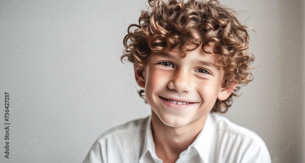 Closeup portrait of a beautiful happy kid. Curly brunette hair. Isolated child on white background. Closeup portrait of a beautiful happy kid. Curly brunette hair. Isolated child on white background.