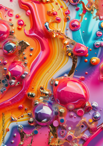 Colorful abstract background with oil drops and metal pieces in colorful paint. 