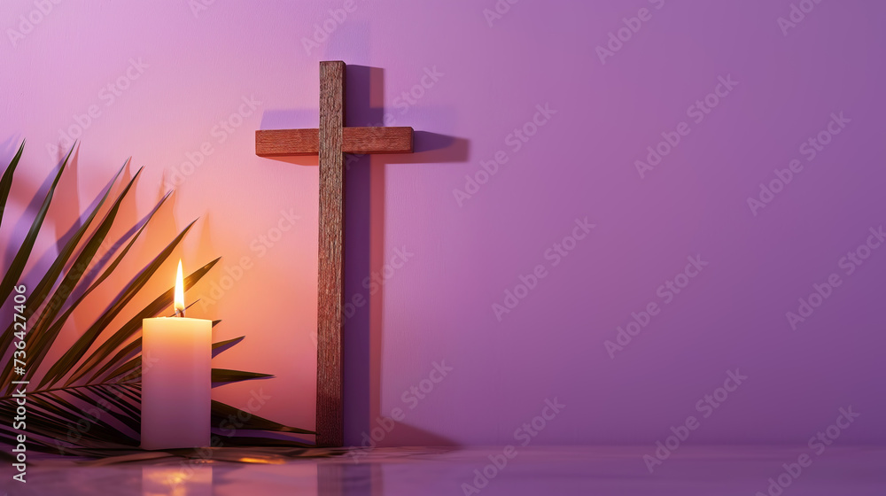 Wooden cross, candle and palm leaves on purple background - obrazy, fototapety, plakaty 