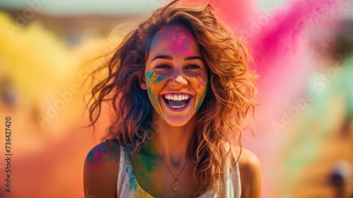 young woman celebrating holi festival outdoors. Fun with colours. A vibrant splash of colors