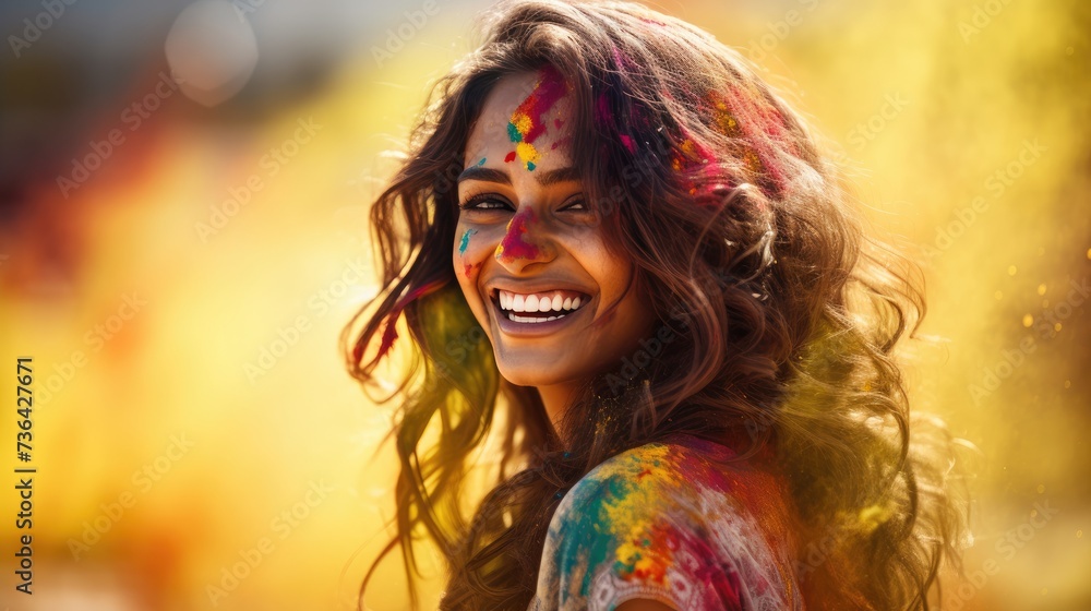 young woman celebrating holi festival outdoors. Fun with colours. A vibrant splash of colors - obrazy, fototapety, plakaty 