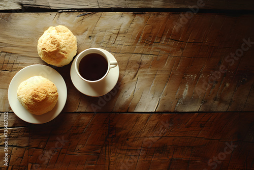 design for cafe ad, coffee and scone, french cookie. delight. minimalistic. fresh coffee in the morning. breakfast. copy space. pastry