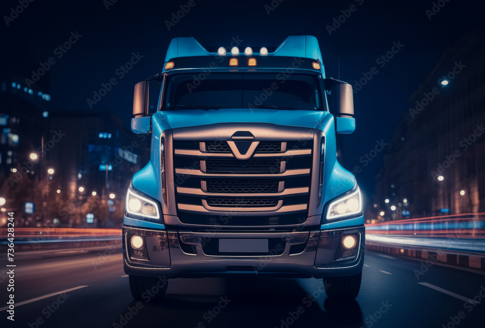 Front view of a big truck driving on a city street at night. Vehicle and transportation concept Front view of a big truck driving on a city street at night. Vehicle and transportation concept