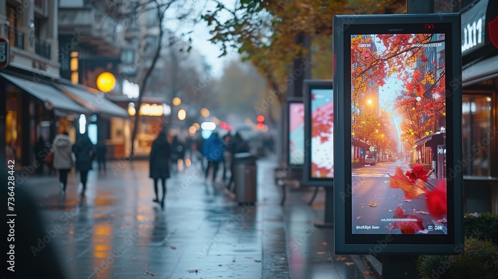 A digital street display shows a vibrant autumn scenery advertisement, with pedestrians walking by on a cool, overcast day in the city.