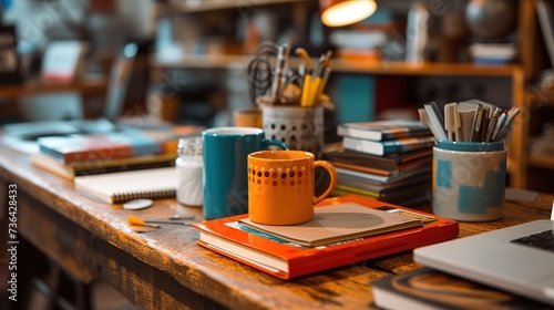 Inviting artist's workspace filled with colorful mugs, art supplies, and notebooks on a vintage wooden desk, illuminated by soft lighting.