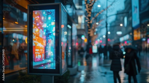 A brightly lit digital advertising kiosk captures attention on a rainy evening in a busy shopping district, with city lights blurred in the background.