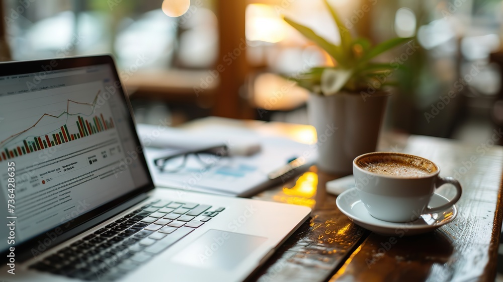A warm, inviting coffee shop scene where a professional reviews growth graphs on a laptop, complemented by a soothing cup of espresso. A warm, inviting coffee shop scene where a professional reviews growth graphs on a laptop, complemented by a soothing cup of espresso.