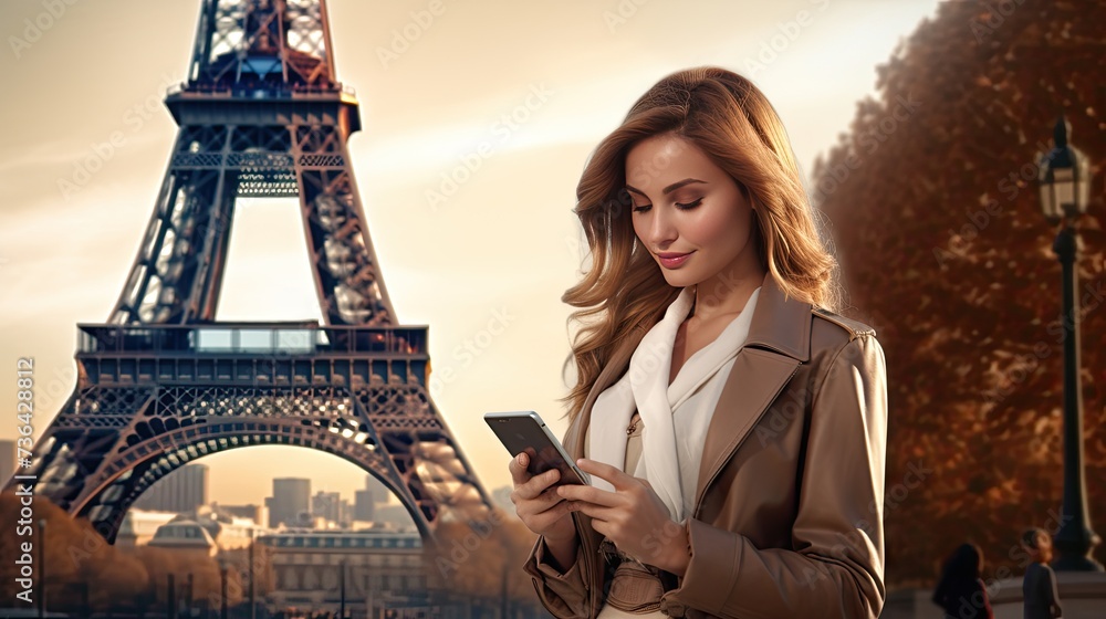 A close-up of a woman using her mobile phone with the iconic Eiffel Tower in the background, capturing the modern traveler's experience