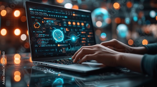 An individual engages with a high-tech cybersecurity interface on a laptop, surrounded by a bokeh of illuminated digital data points.