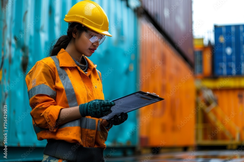 Obraz premium A determined blue-collar worker donning high-visibility gear and a hard hat stands proudly amidst a bustling construction site, showcasing strength and resilience in the face of challenging outdoor w