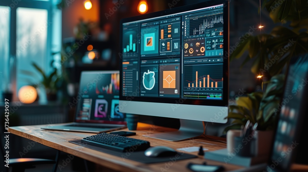 A high-tech office space showcasing a computer setup with multiple monitors displaying detailed data analysis and graphics. A high-tech office space showcasing a computer setup with multiple monitors displaying detailed data analysis and graphics.