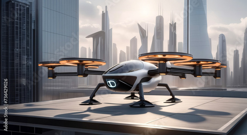 Futuristic VTOL quadcopter lands on helipad on a building roof. New mobility zero emission concept photo
