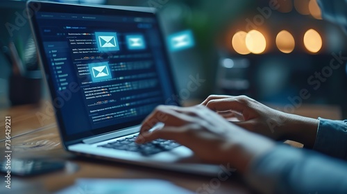 Focused individual typing on a laptop with an email marketing software interface open, highlighting digital marketing strategies. photo