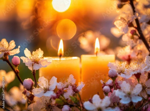 A serene spring equinox arrangement featuring lit candles