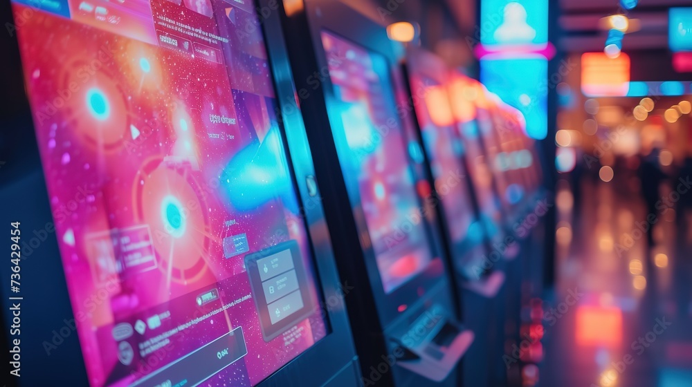 Vibrant neon lights illuminate a lineup of futuristic arcade gaming machines, inviting players to a high-tech entertainment experience. - obrazy, fototapety, plakaty 